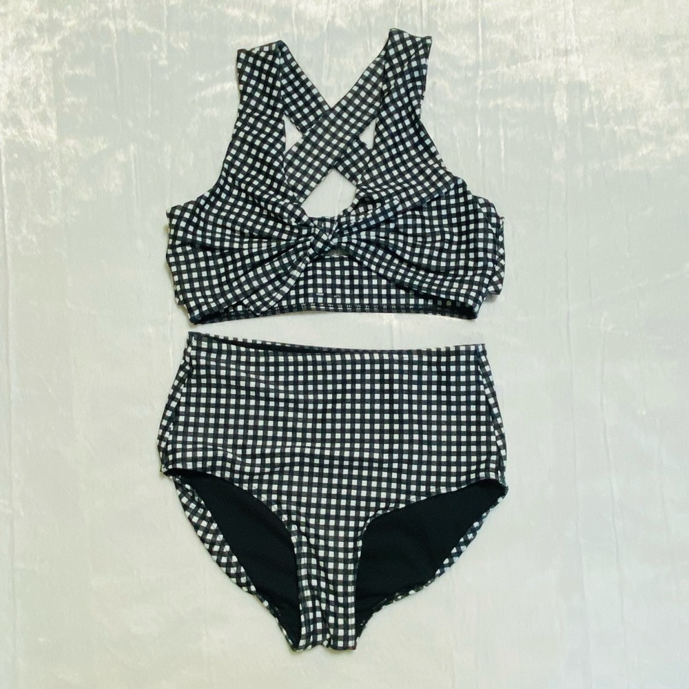 Albion Black Check Top Knot Two-Piece Swimsuit XS